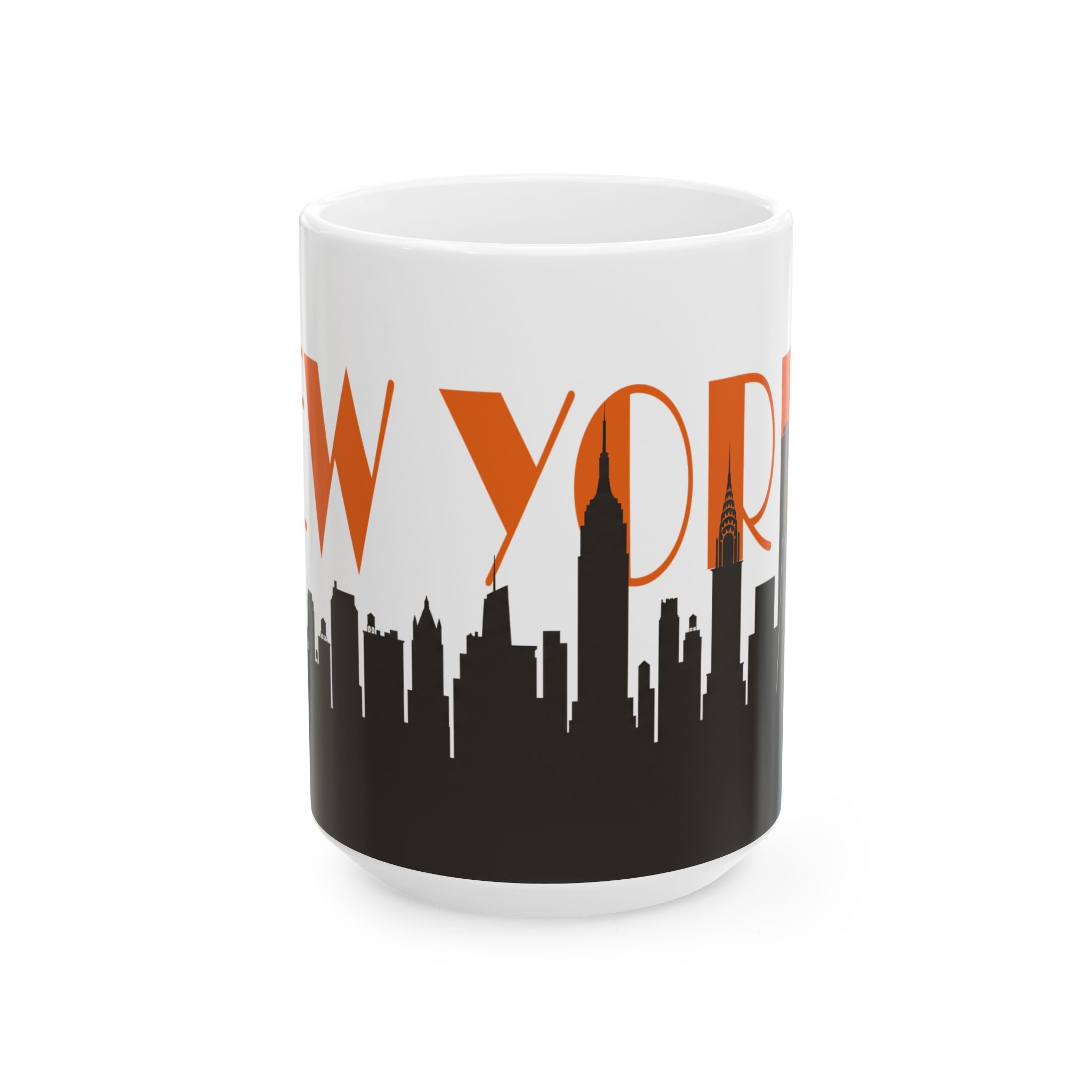 White ceramic coffee mug with orange “WYORK” text and black skyline silhouette