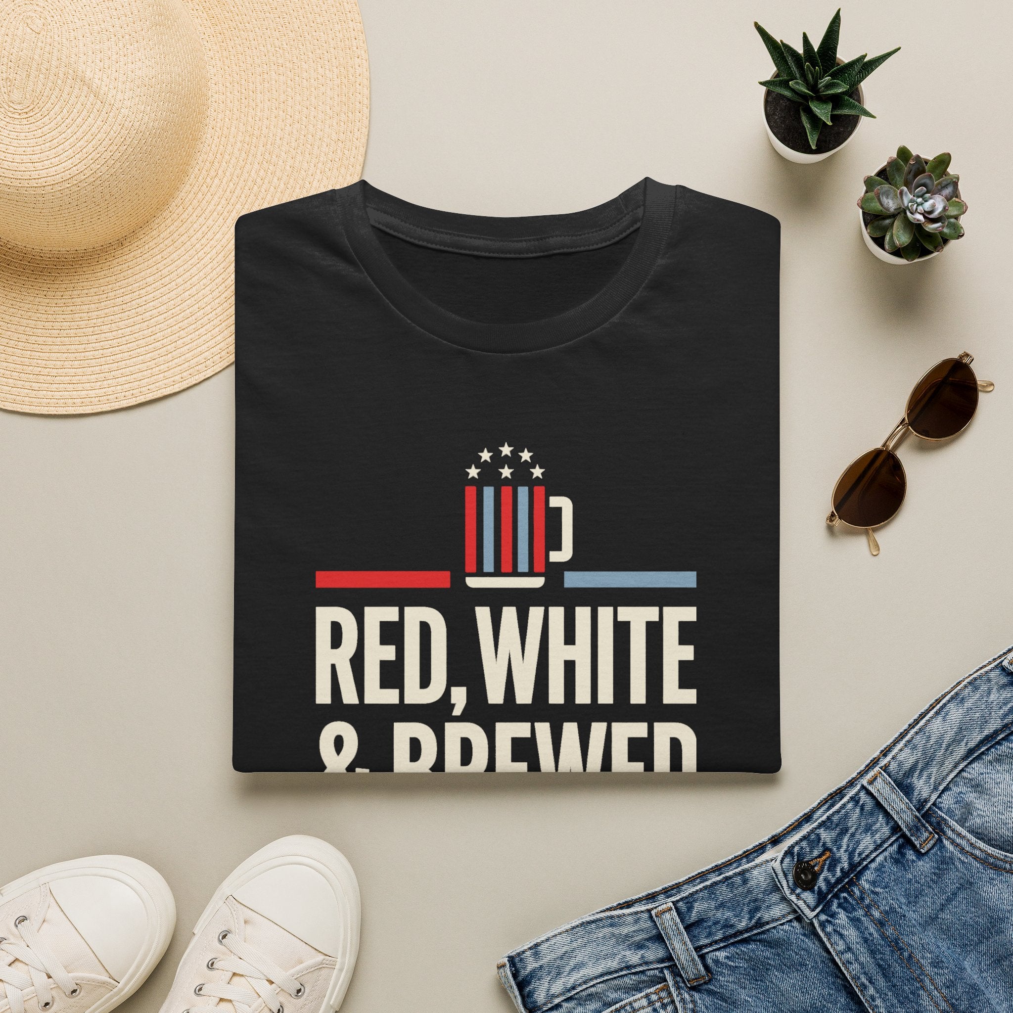 Charcoal T-shirt with patriotic beer mug graphic and text “RED, WHITE & BREWED”