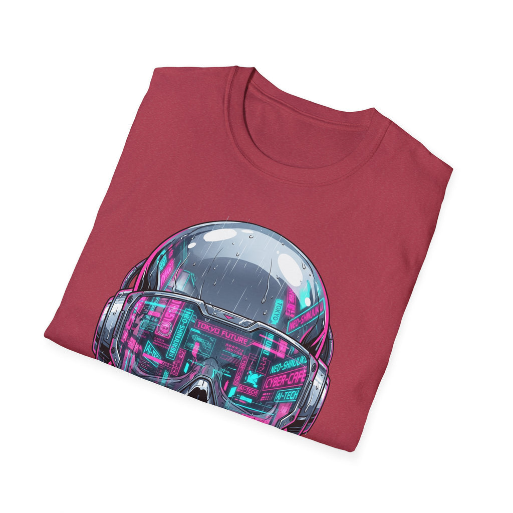 Dark red T-shirt with chrome skull visor and neon HUD circuit graphic on front