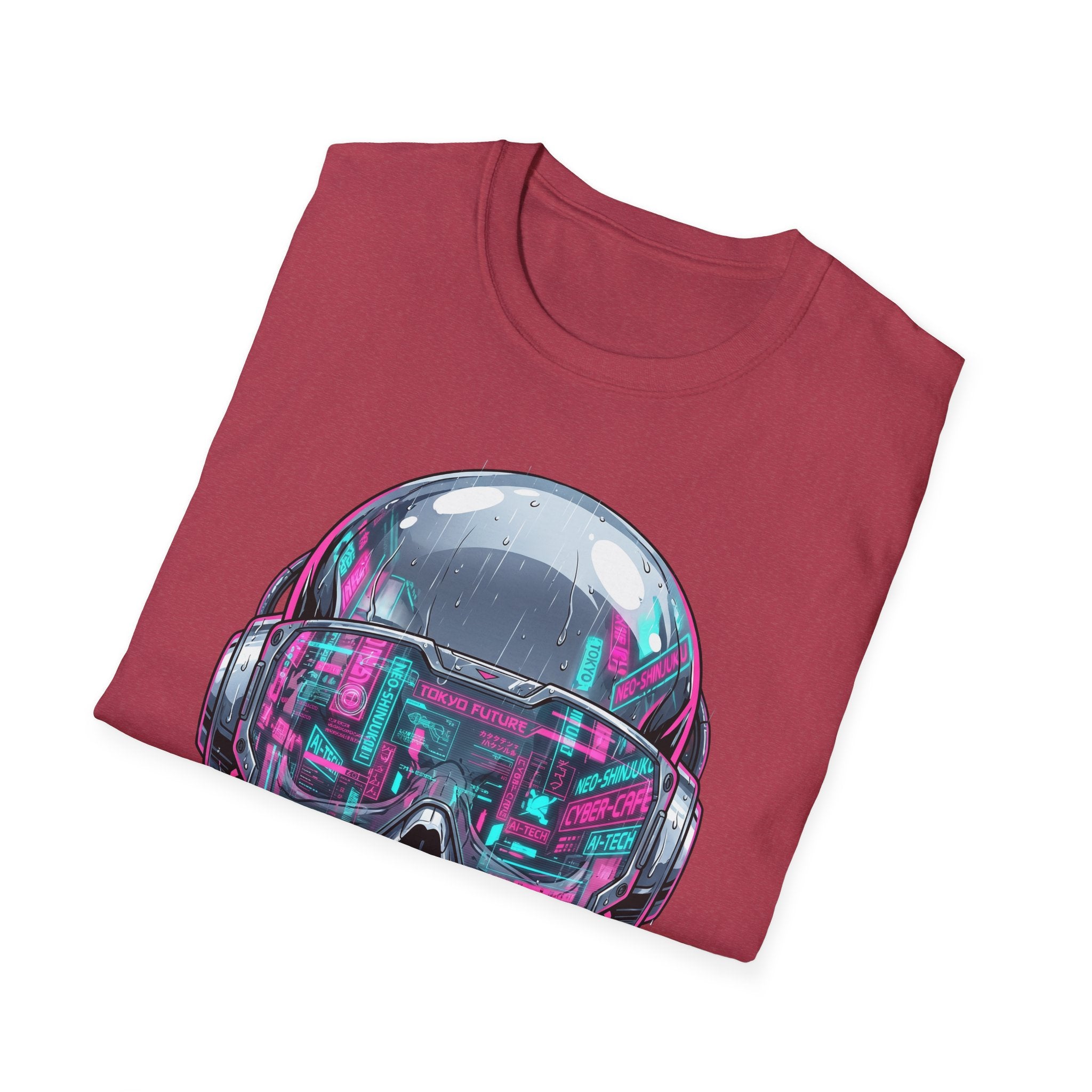 Dark red T-shirt with chrome skull visor and neon HUD circuit graphic on front