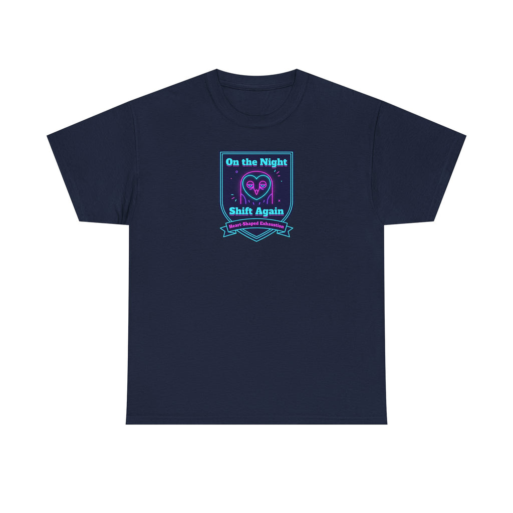 Navy crew-neck T-shirt with night shift slogan graphic on chest