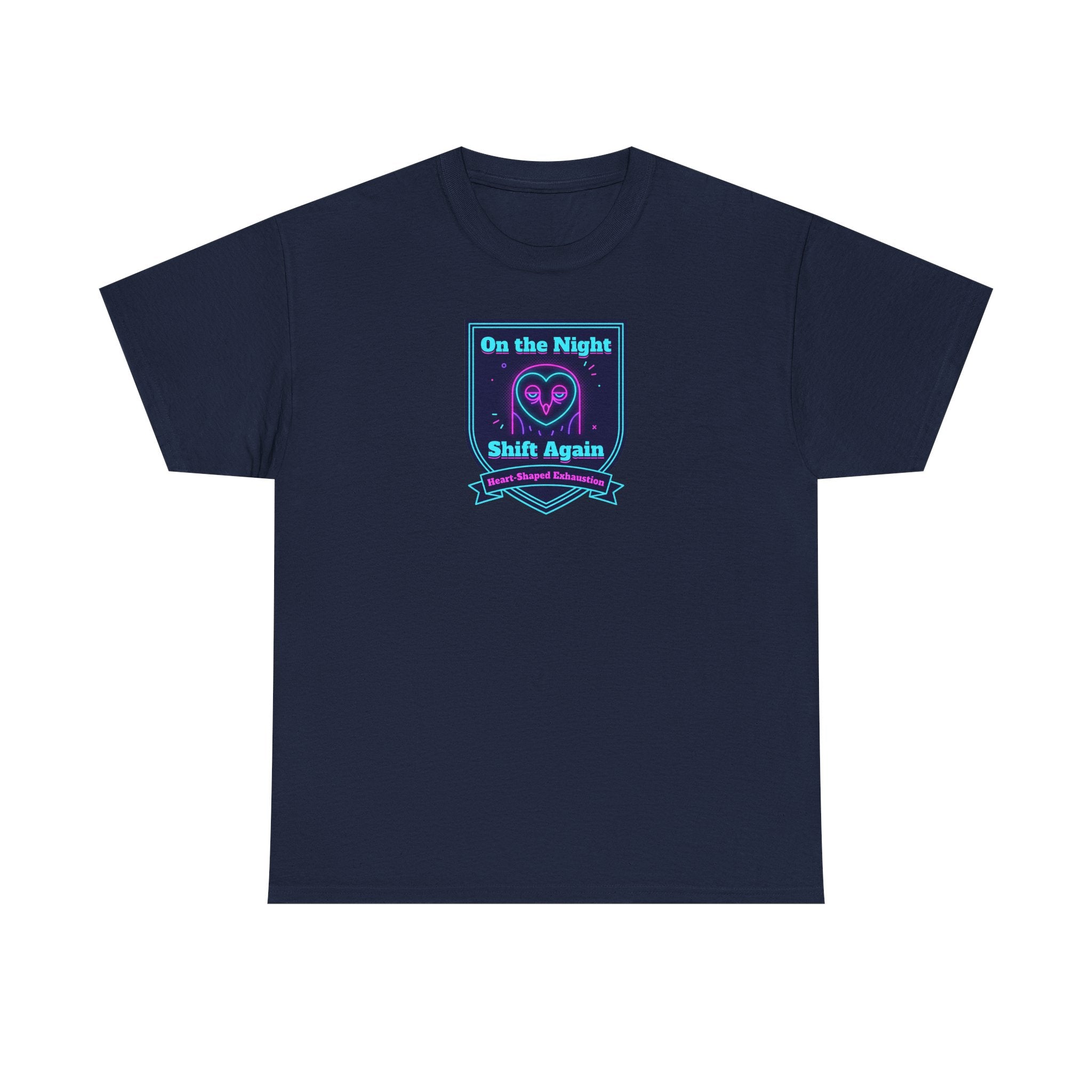 Navy crew-neck T-shirt with night shift slogan graphic on chest