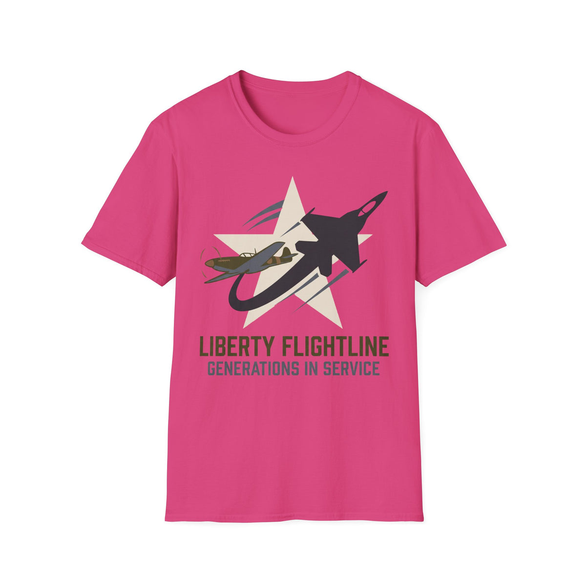 Purple short-sleeve aviation T-shirt with jet graphic and stacked text below