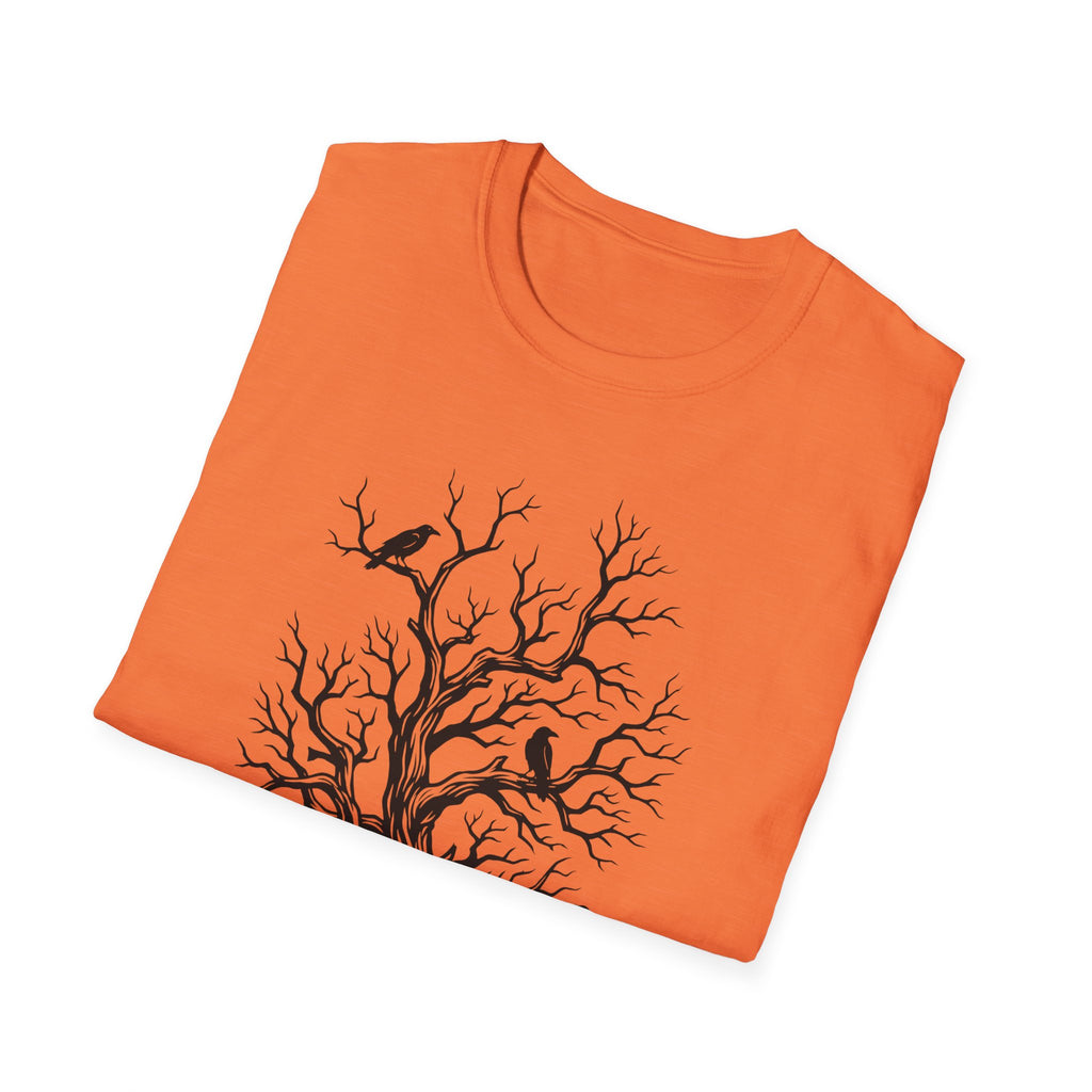 Orange T-shirt with black bare-branch tree and crow graphic