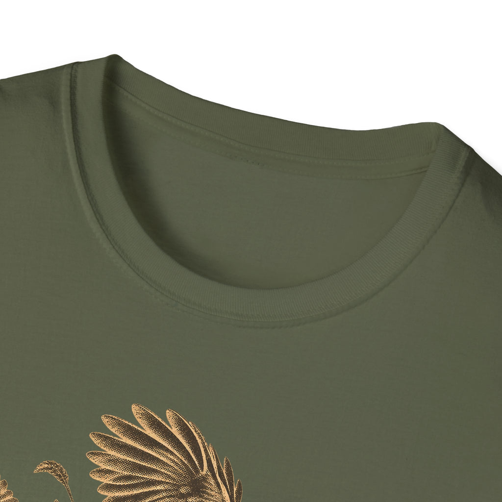 Olive green T-shirt close-up of crew neck and short sleeves