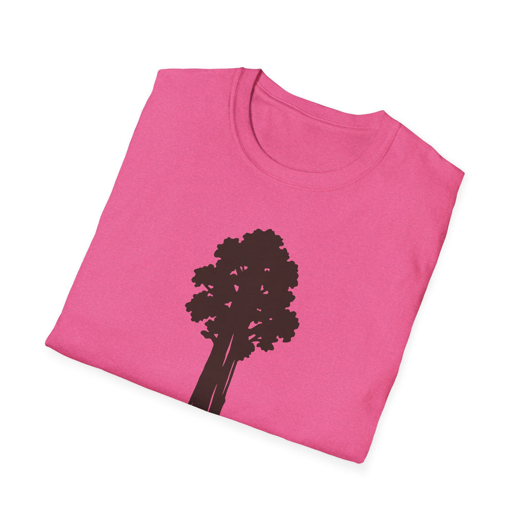 Stay Small Sequoia Tree T-Shirt in pink, black sequoia tree graphic