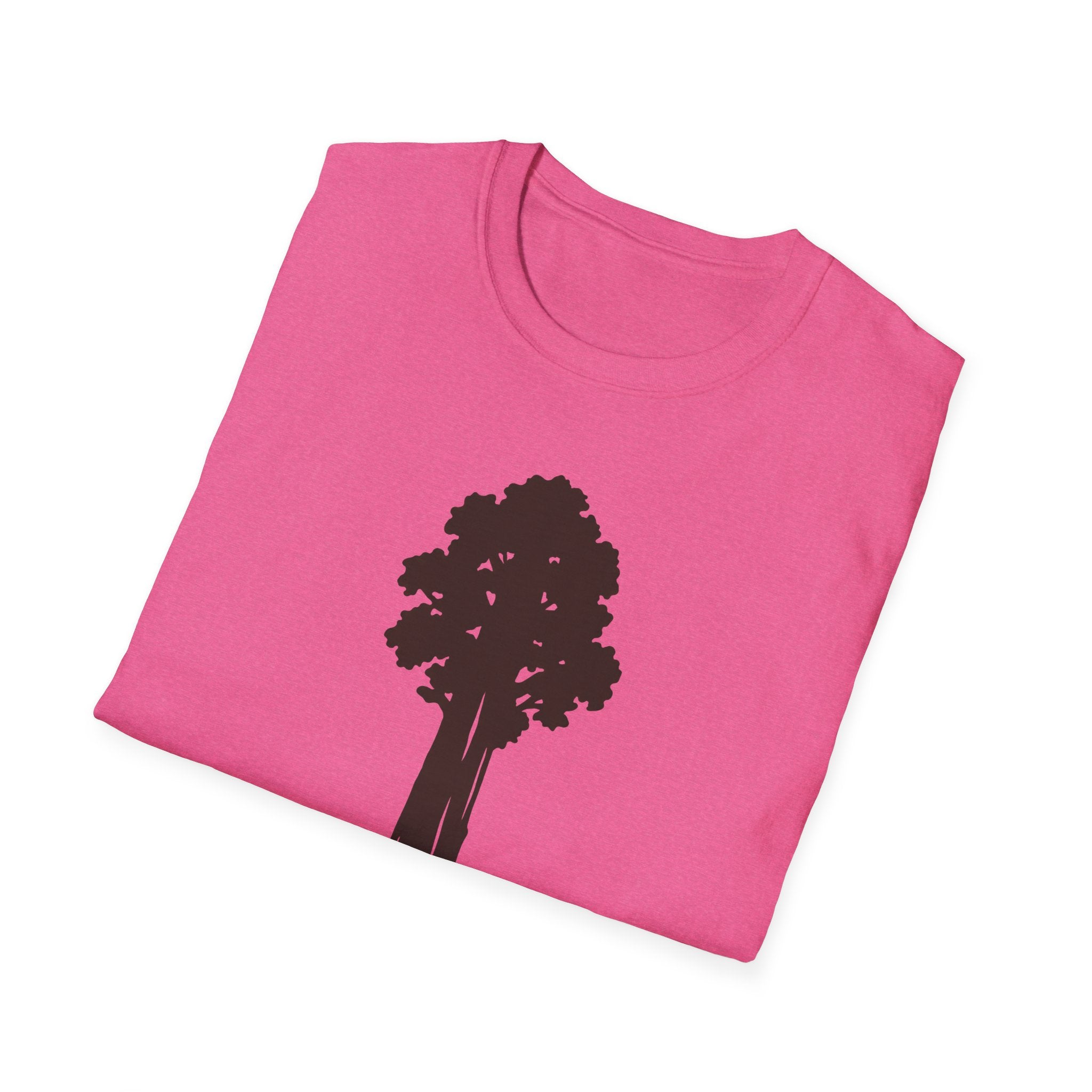 Stay Small Sequoia Tree T-Shirt in pink, black sequoia tree graphic