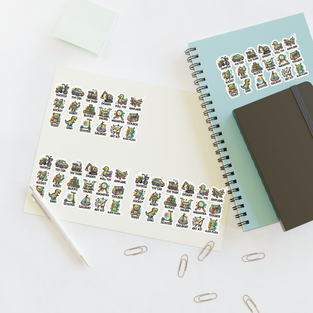 Toy icon sticker sheet, die-cut labels with many vehicle and animal icons