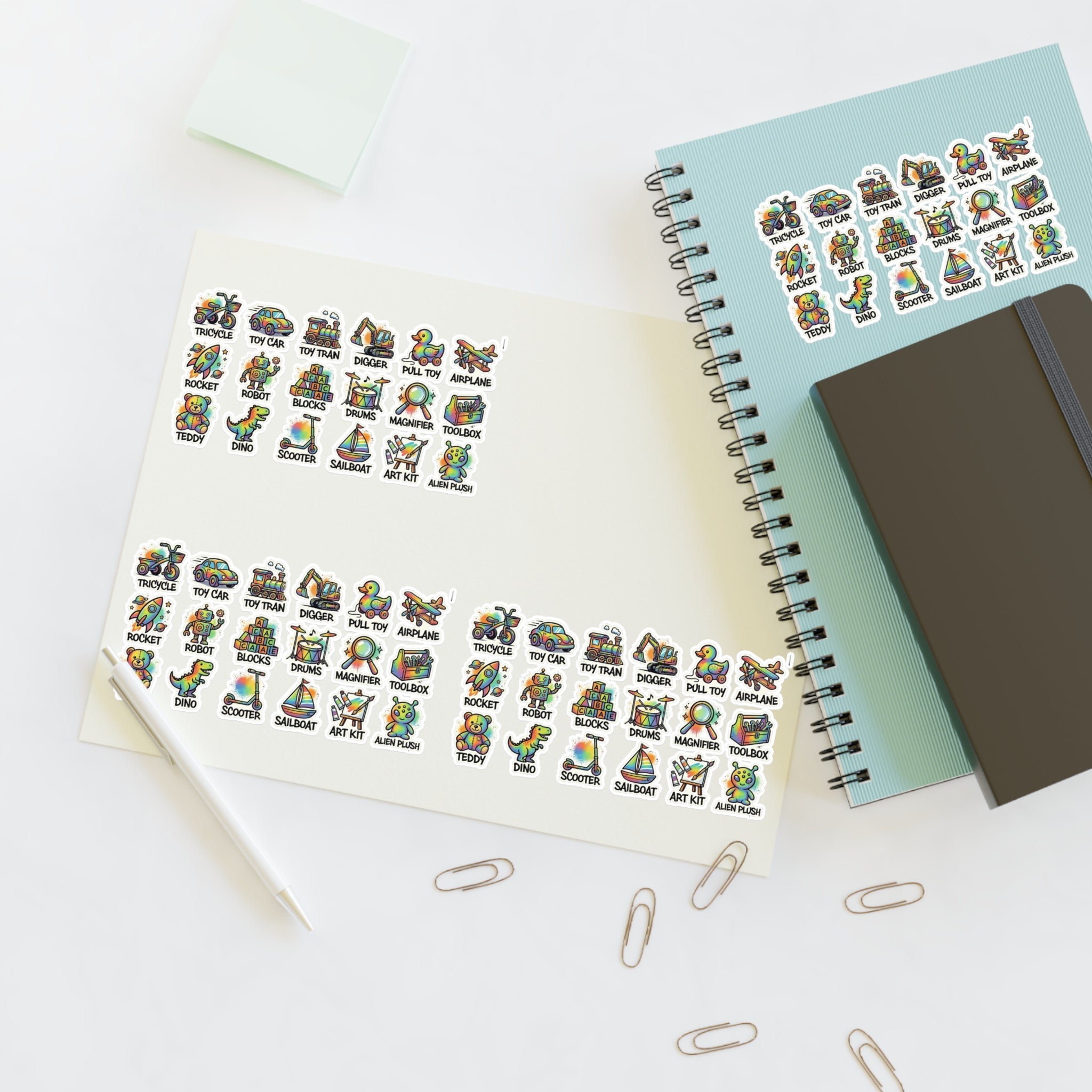 Toy icon sticker sheet, die-cut labels with many vehicle and animal icons