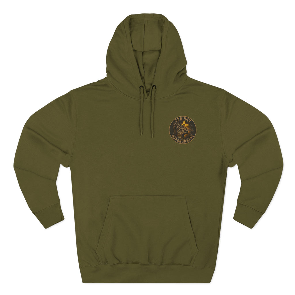 Olive green pullover hoodie with hood, drawstrings, and kangaroo pocket