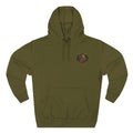 Olive green pullover hoodie with hood, drawstrings, and kangaroo pocket