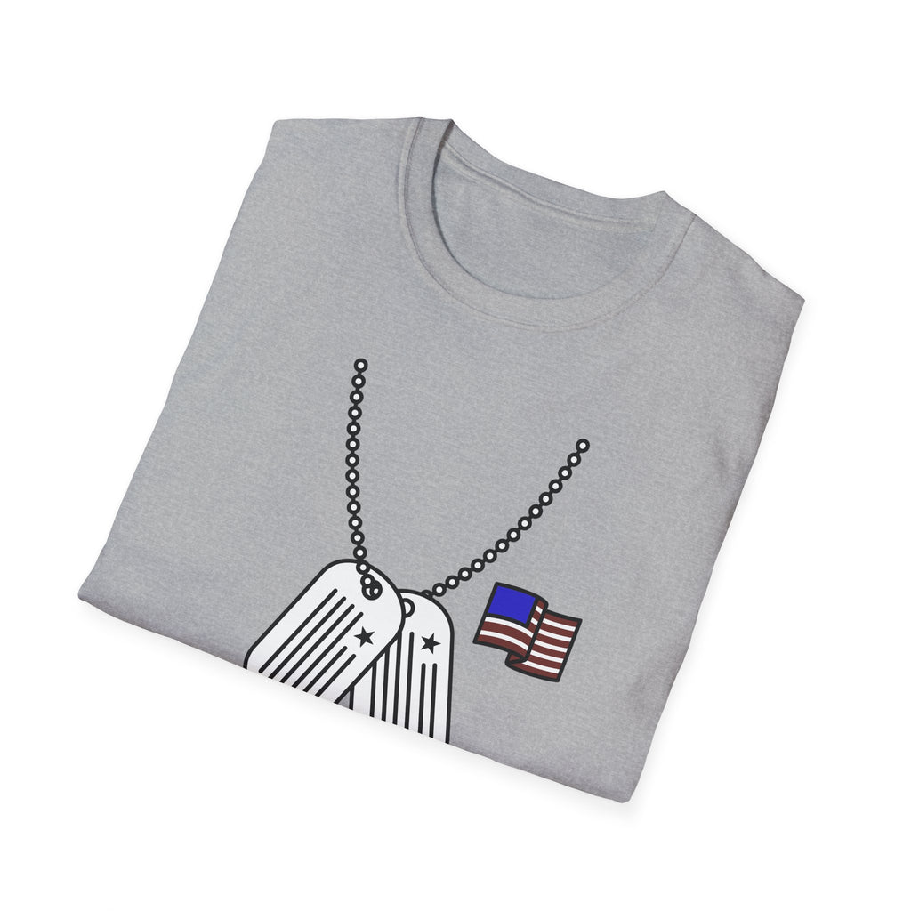 Heather gray graphic T-shirt with dog tag chain and American flag print