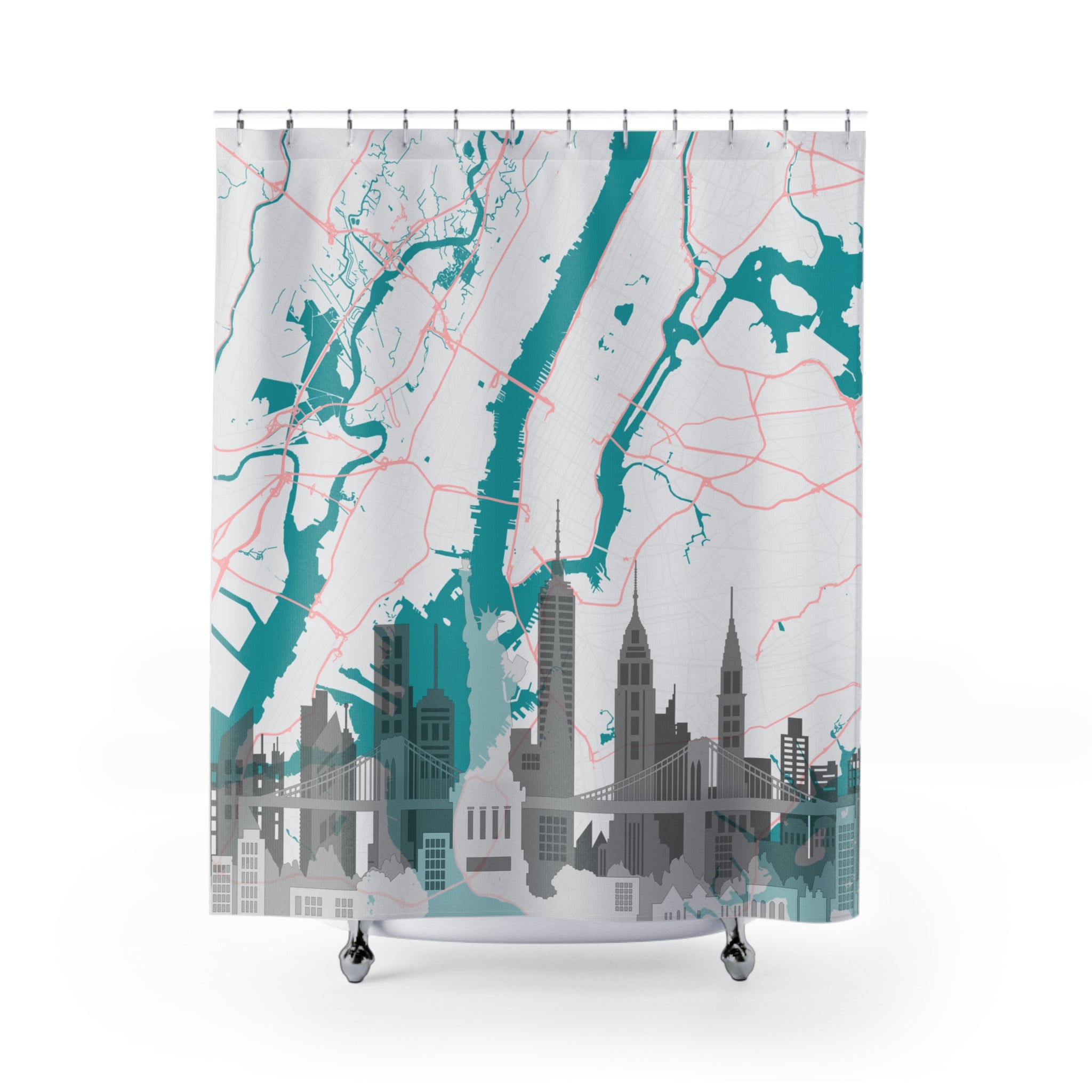 Teal city map shower curtain with skyline silhouette, red roads, white background