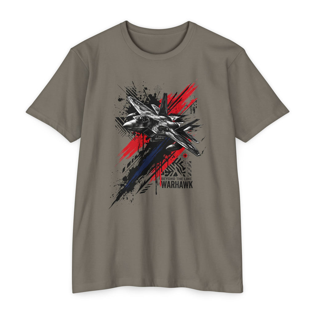 Crew neck T-shirt in dark gray with warplane graffiti graphic in red, blue, and black.
