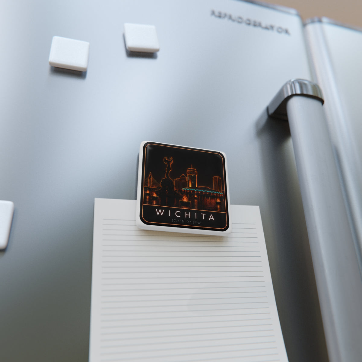 Square porcelain magnet on white paper, orange neon Wichita skyline and Wichita text