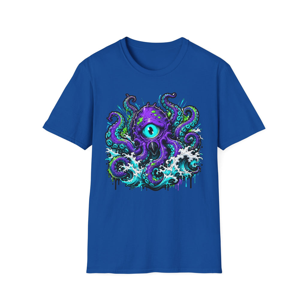Royal blue graphic octopus monster T-shirt with purple eye tentacle design