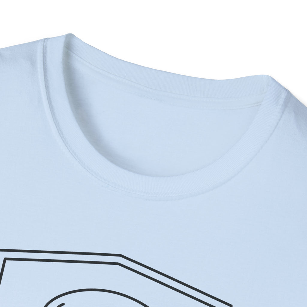 Light blue t-shirt neckline and shoulder with partial graphic print