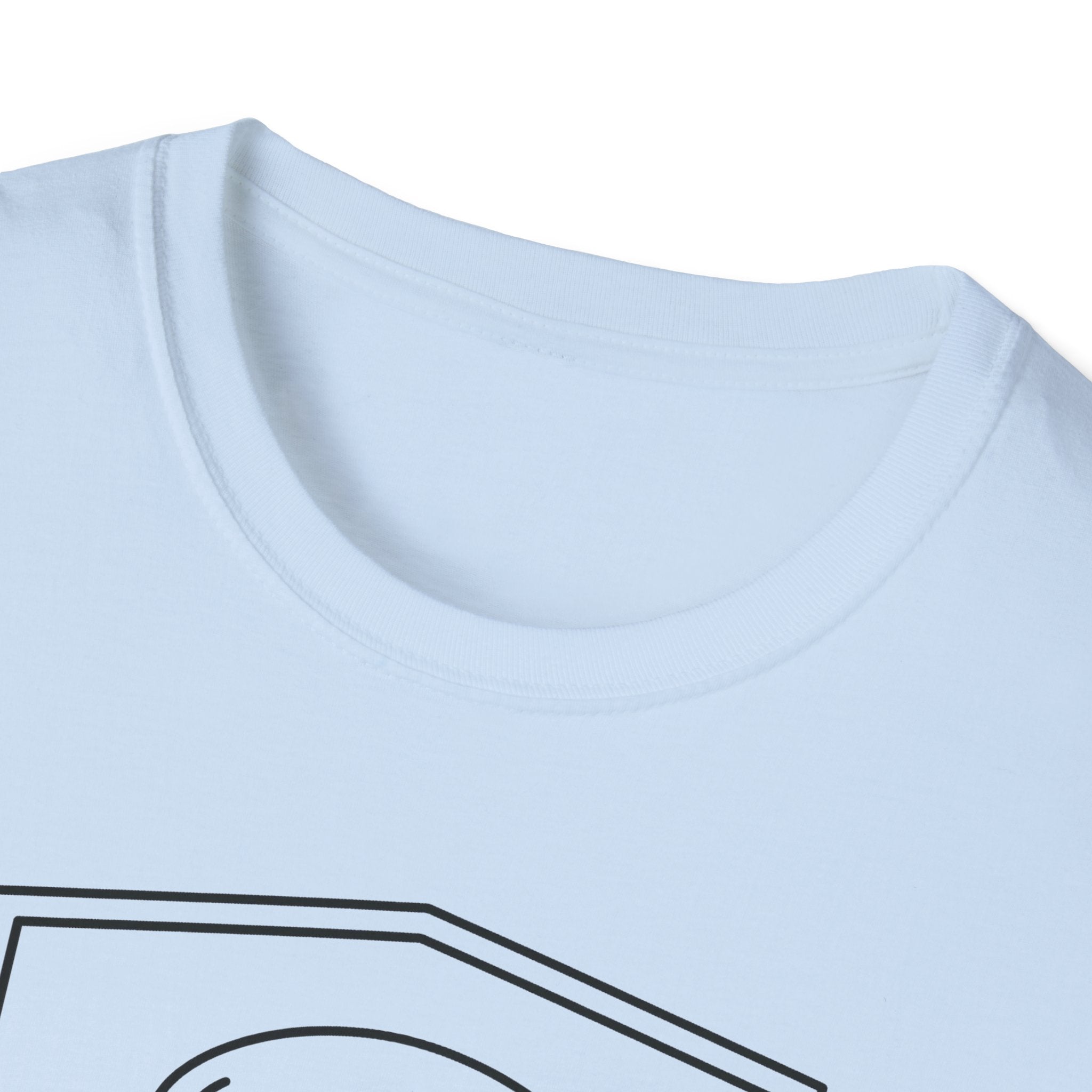 Light blue t-shirt neckline and shoulder with partial graphic print
