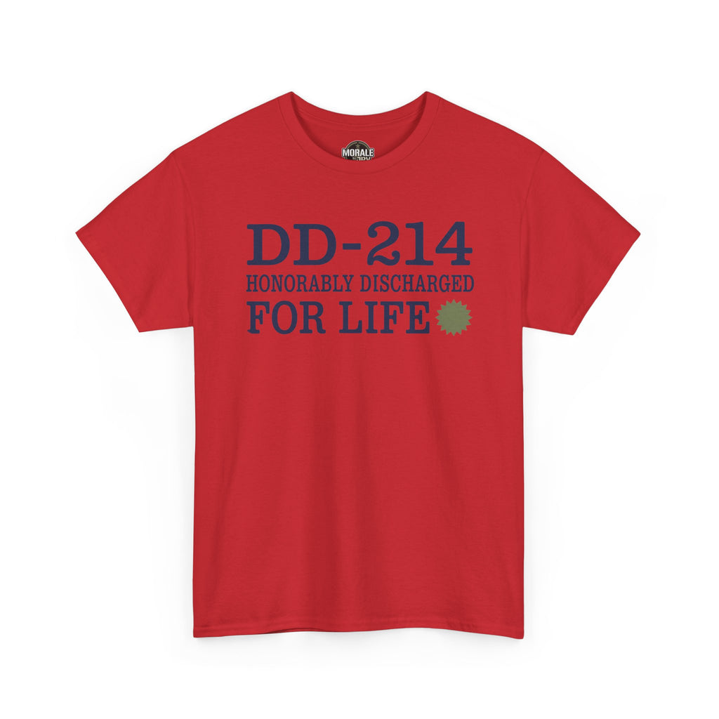 Red graphic T-shirt with 'DD-214 Honorably Discharged For Life' print.