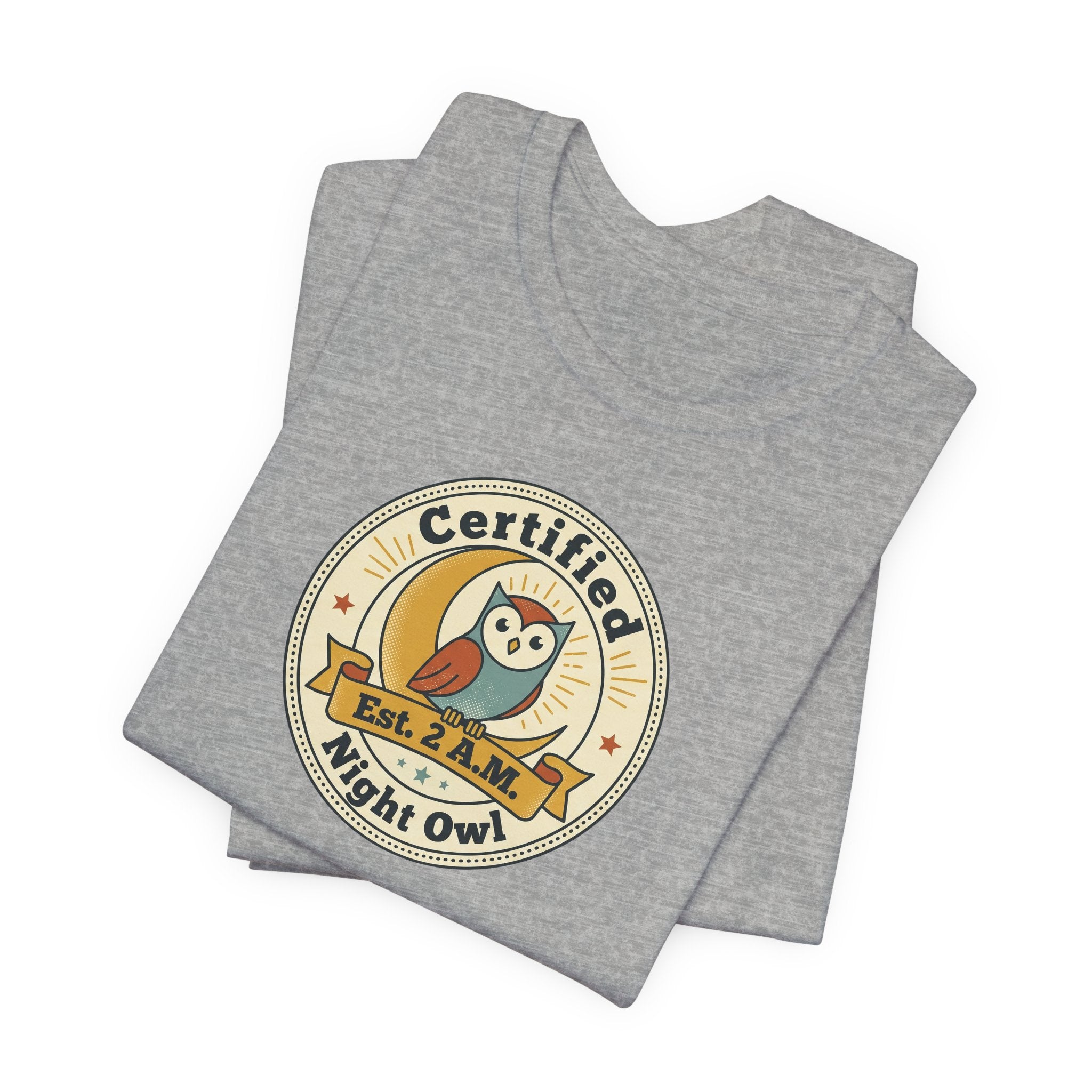 Dark grey T-shirt with Certified Night Owl circular badge graphic front