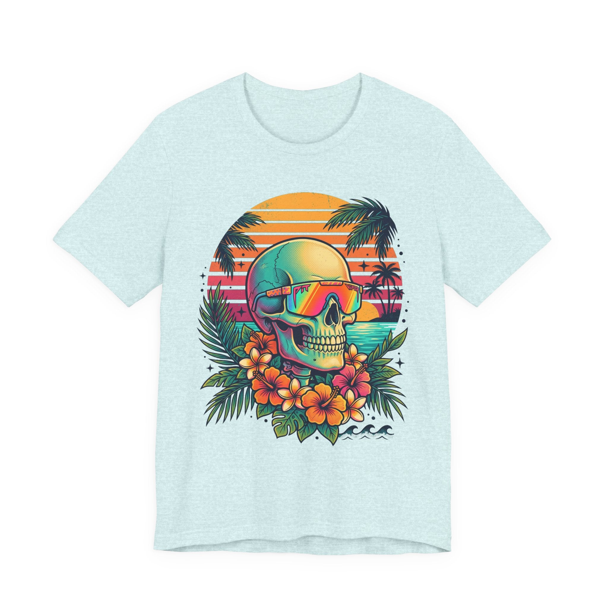 Heather aqua T-shirt with tropical skull wearing sunglasses and floral front design