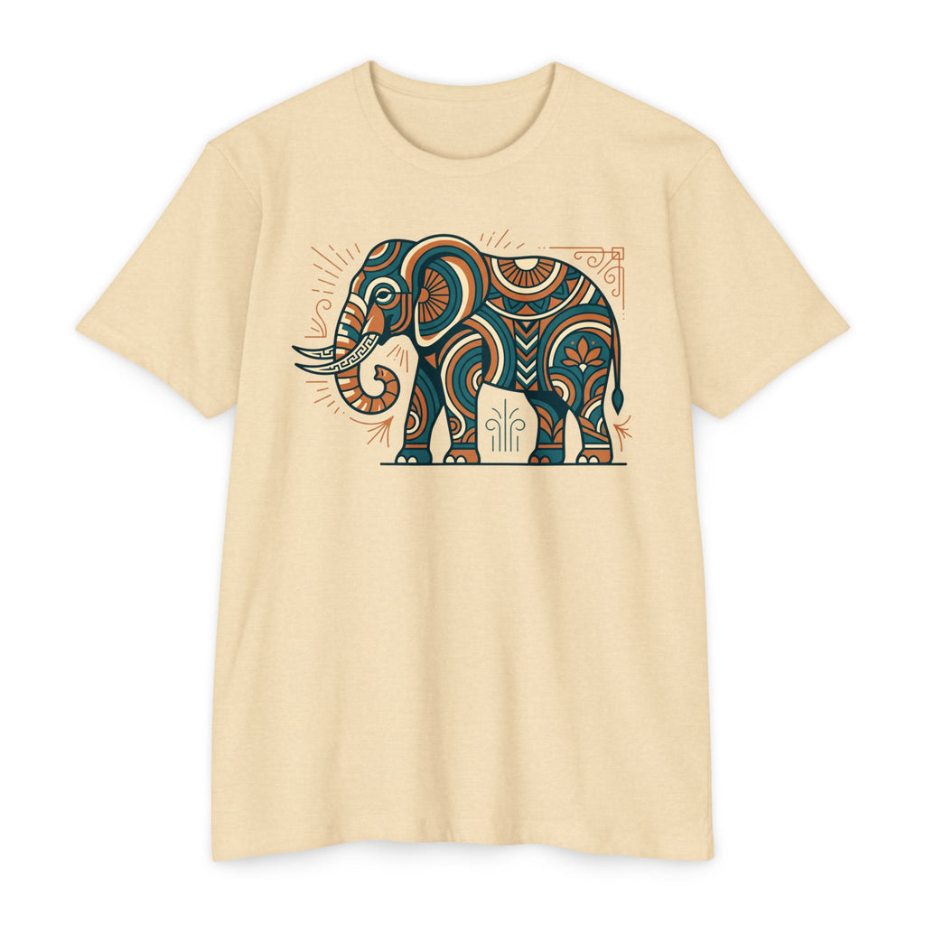 Beige T-shirt with colorful elephant graphic on the chest, crew neck, short sleeves.