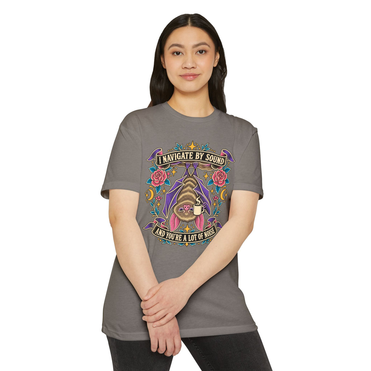 Dark gray crewneck T-shirt with colorful gothic cat graphic on front