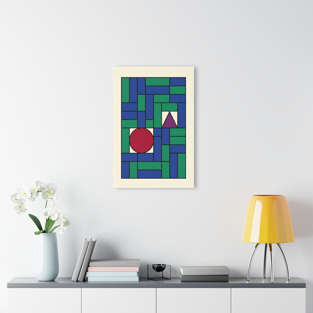 Small framed geometric grid artwork, blue-green blocks with red circle and purple triangle