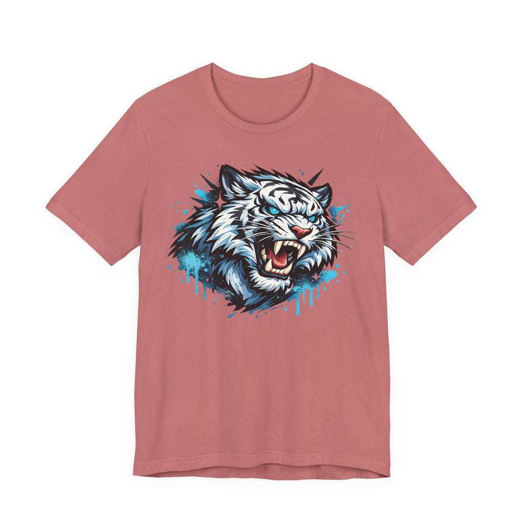 Rose unisex t-shirt with roaring tiger head graphic and blue drip print