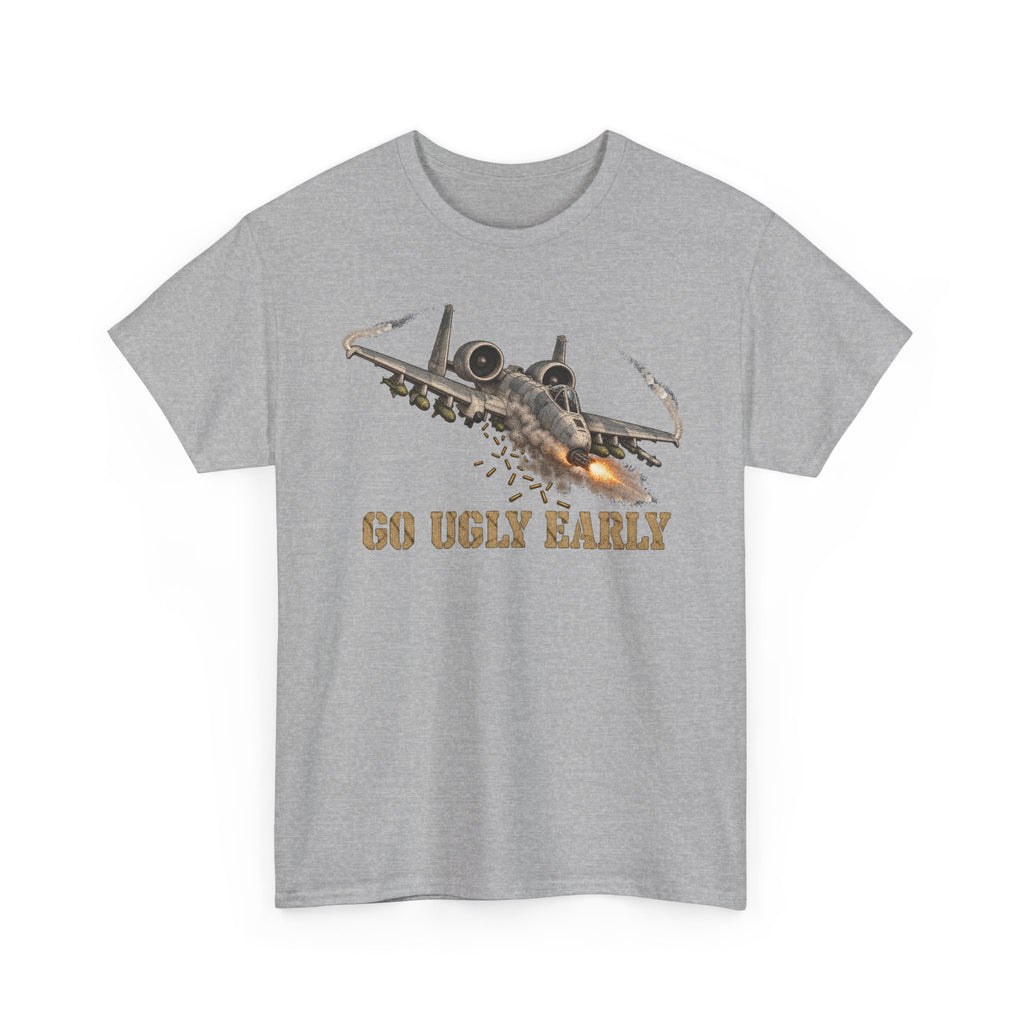 Light gray jet attack graphic T-shirt with “Go Ugly Early” text and aircraft illustration.