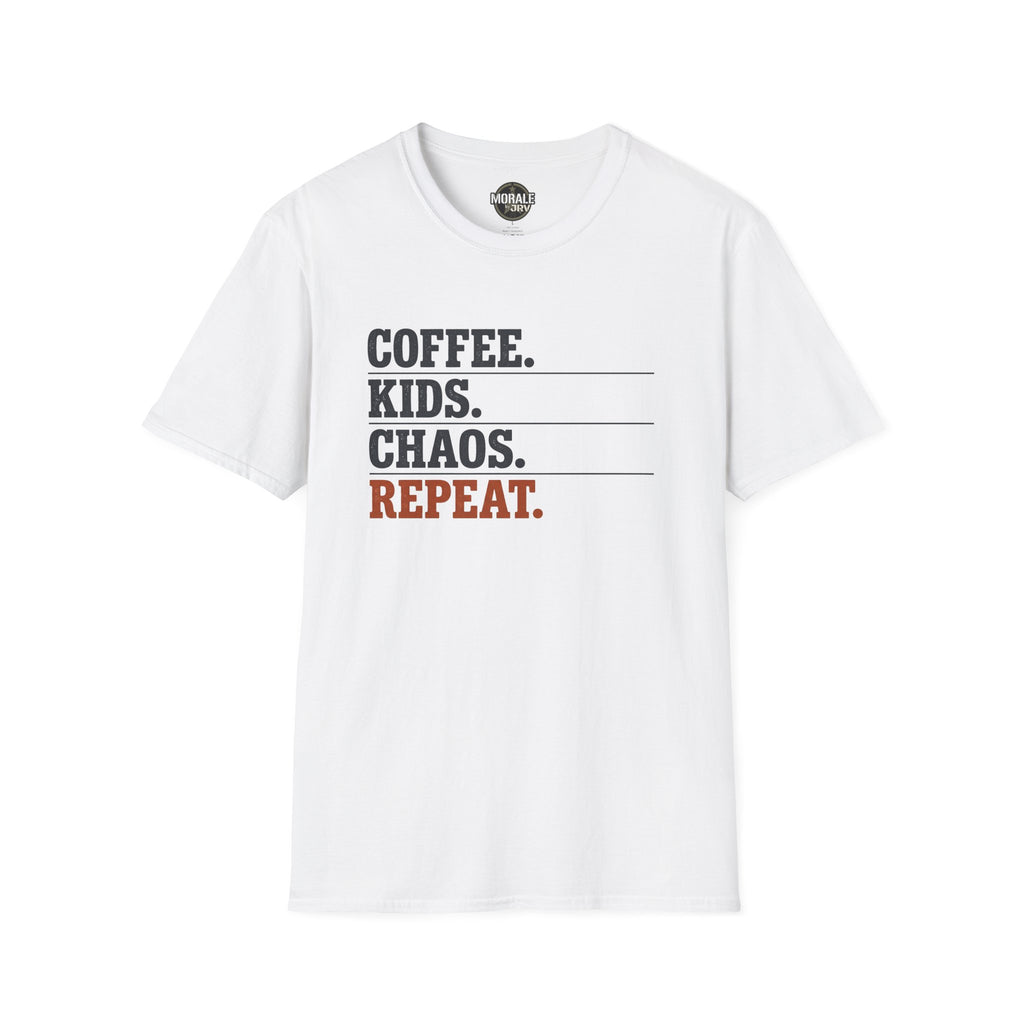 Coffee Kids Chaos Repeat T-Shirt (white) with stacked text graphic on front