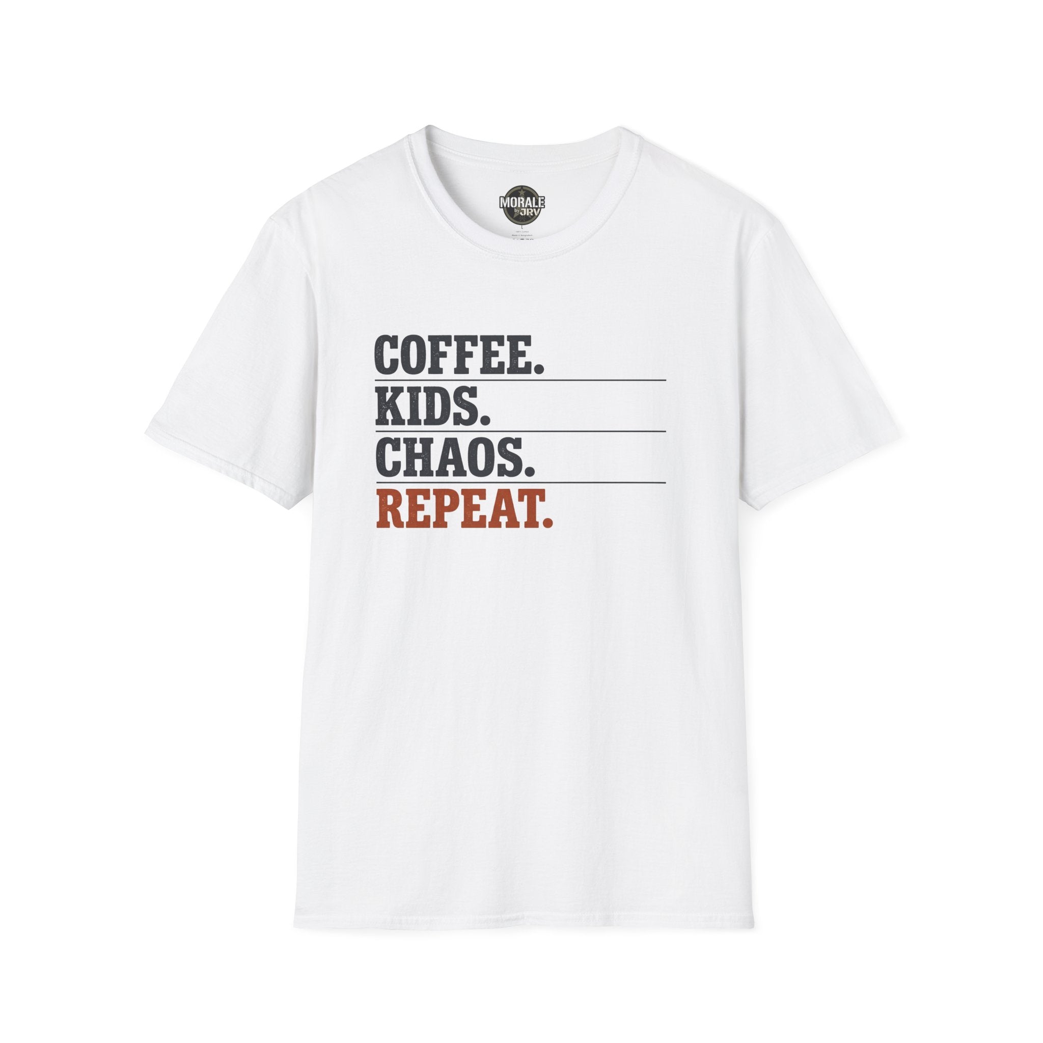 Coffee Kids Chaos Repeat T-Shirt (white) with stacked text graphic on front