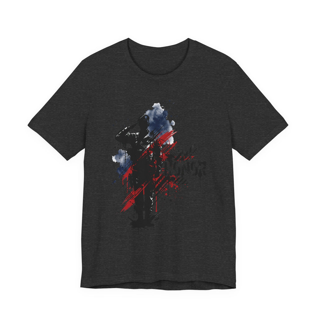 Dark charcoal crewneck T-shirt with soldier silhouette and red-blue brushstroke graphic, front print.