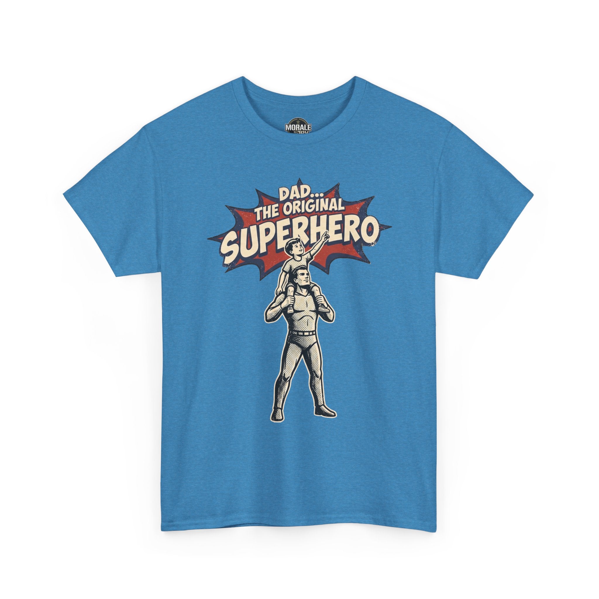 Blue crew-neck T-shirt with superhero dad comic graphic on the front.