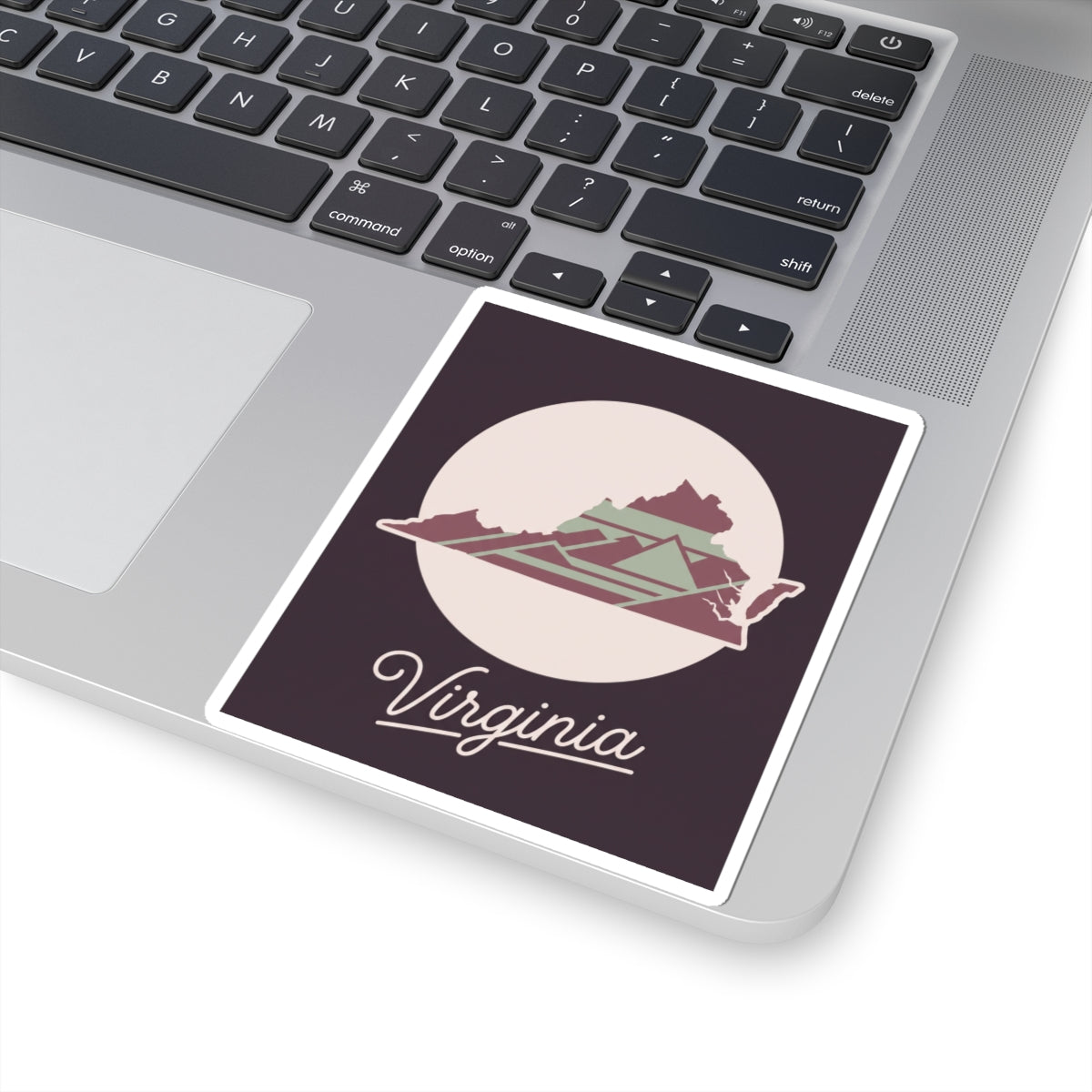 Virginia decal on laptop: bordered square sticker with state graphic and “Virginia”