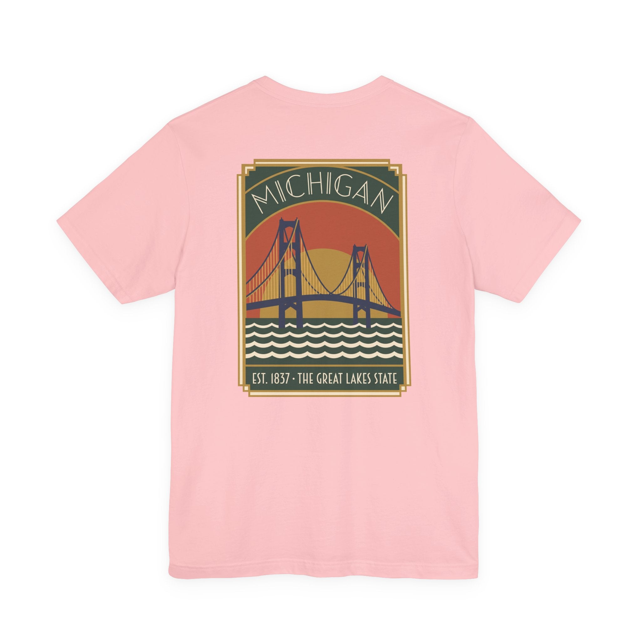 Pink T-shirt with front art-deco bridge graphic and Michigan banner