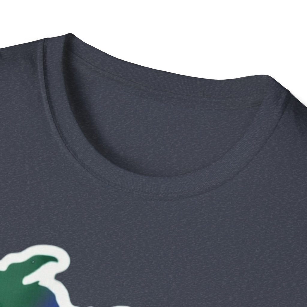 Michigan State Map Heart T-shirt in Heather Navy, crew neck (close-up)