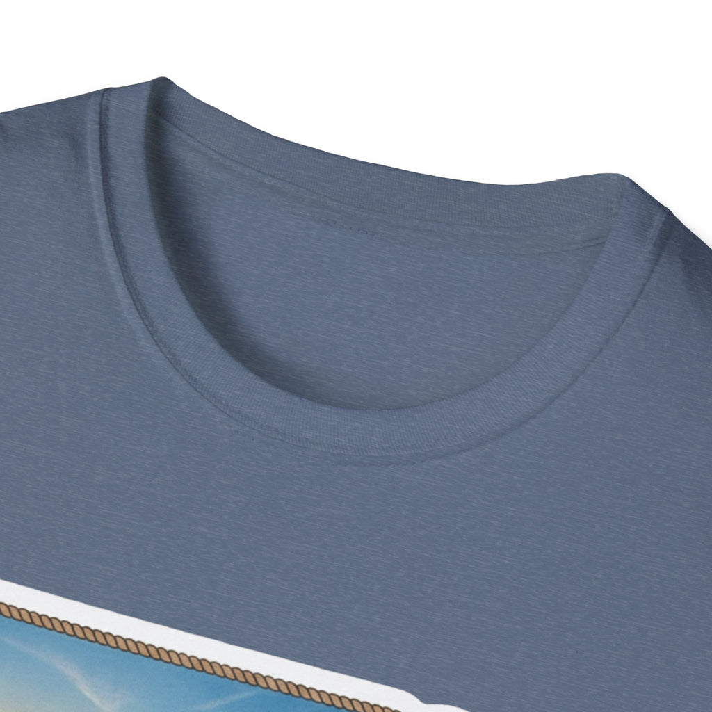 I Am Nebraska T-Shirt in Heather Indigo, crew neck close-up