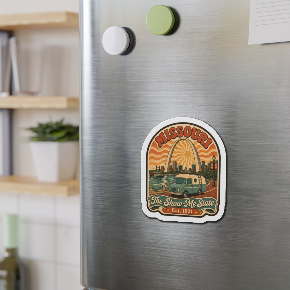 Missouri die-cut magnet on stainless steel with RV scene and "The Show-Me State"