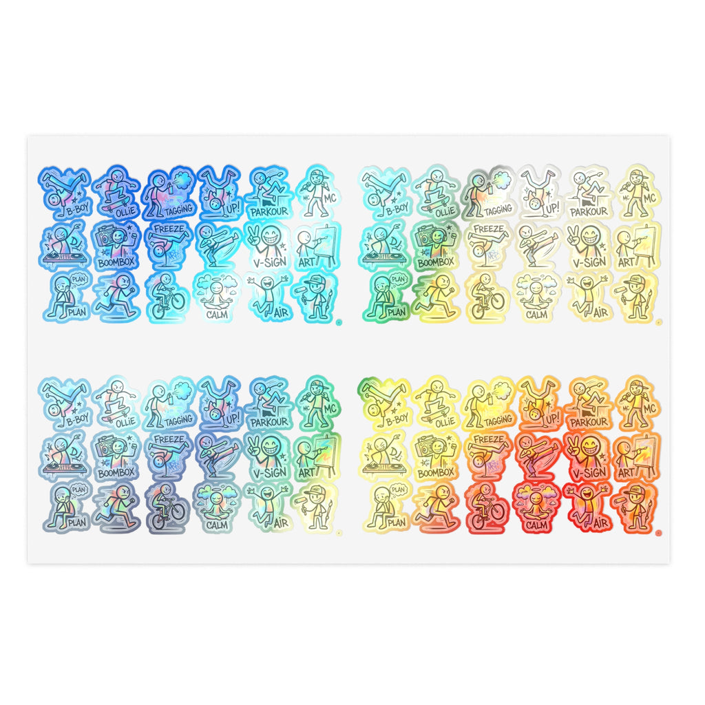 Holografischer Stickerbogen mit Charakter-Icons in Blau, Grün und Gelb, die-cut