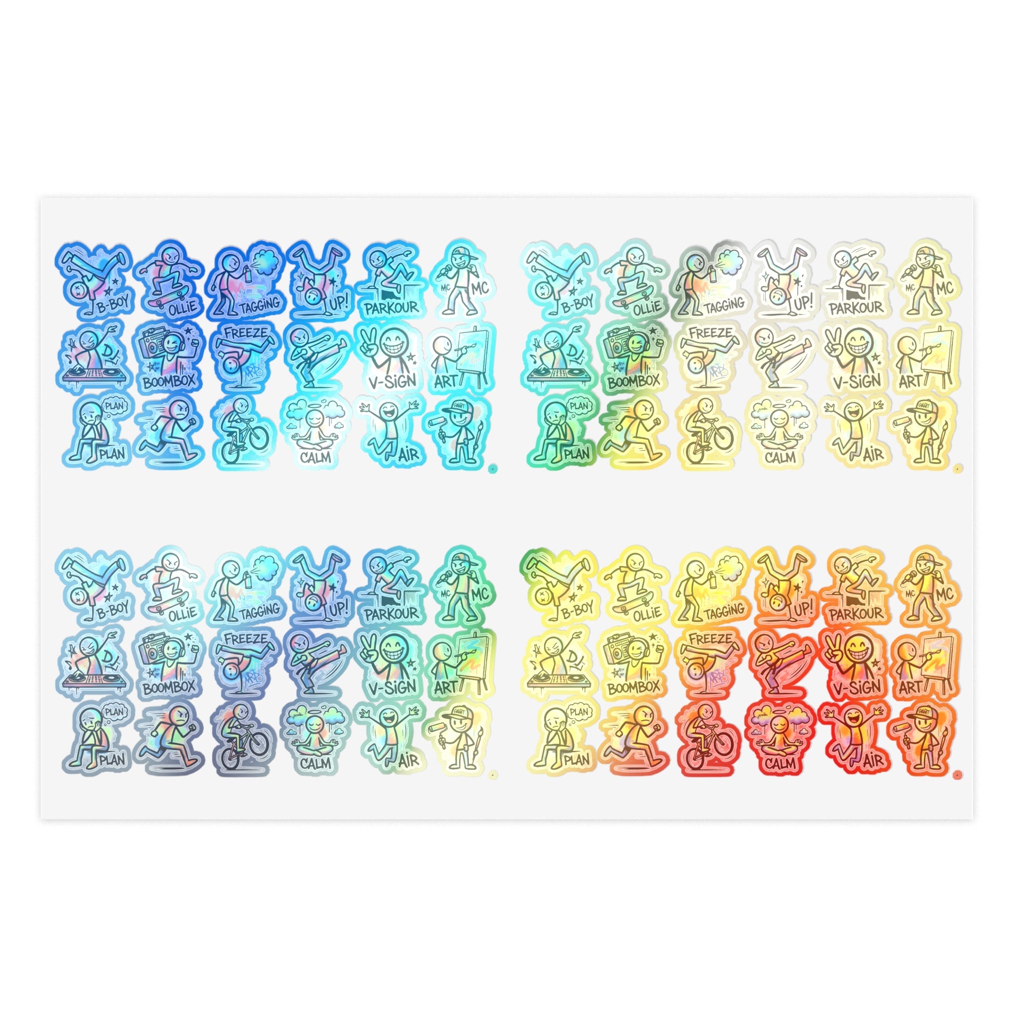 Holografischer Stickerbogen mit Charakter-Icons in Blau, Grün und Gelb, die-cut