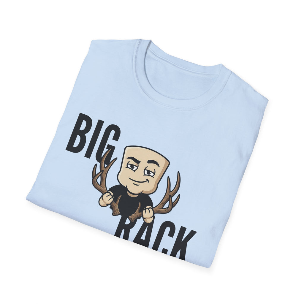 Light blue T-shirt with BIG KACK text and cartoon deer hunter graphic