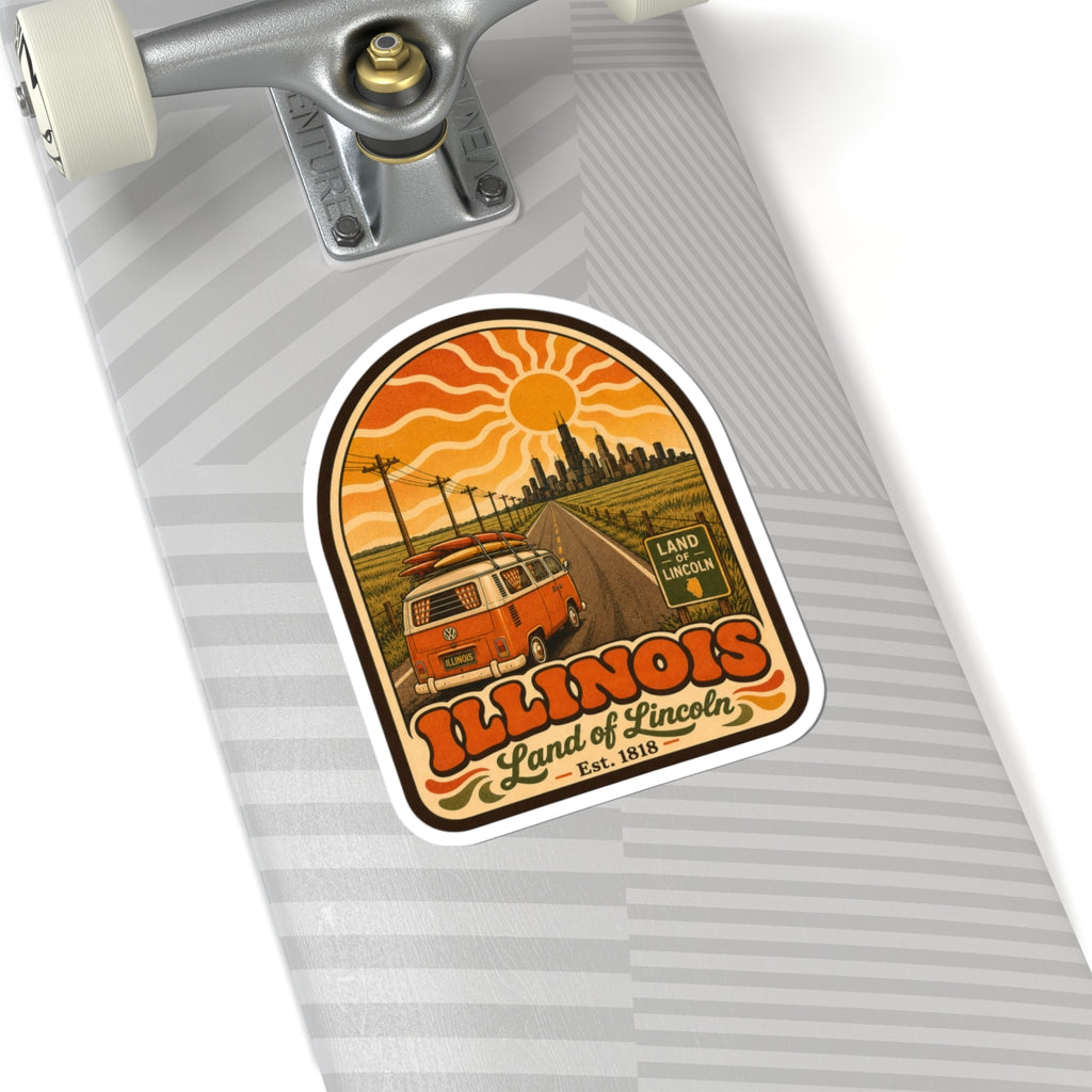 Kiss-cut sticker on skateboard: orange camper van, Illinois lettering, city skyline, Land of Lincoln
