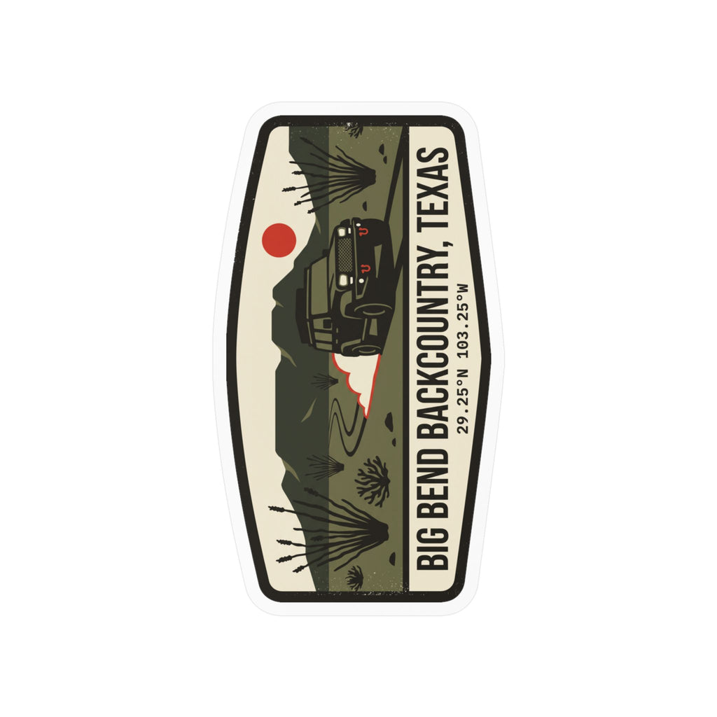 Kiss-cut vinyl sticker featuring Big Bend Texas desert jeep artwork and vertical lettering