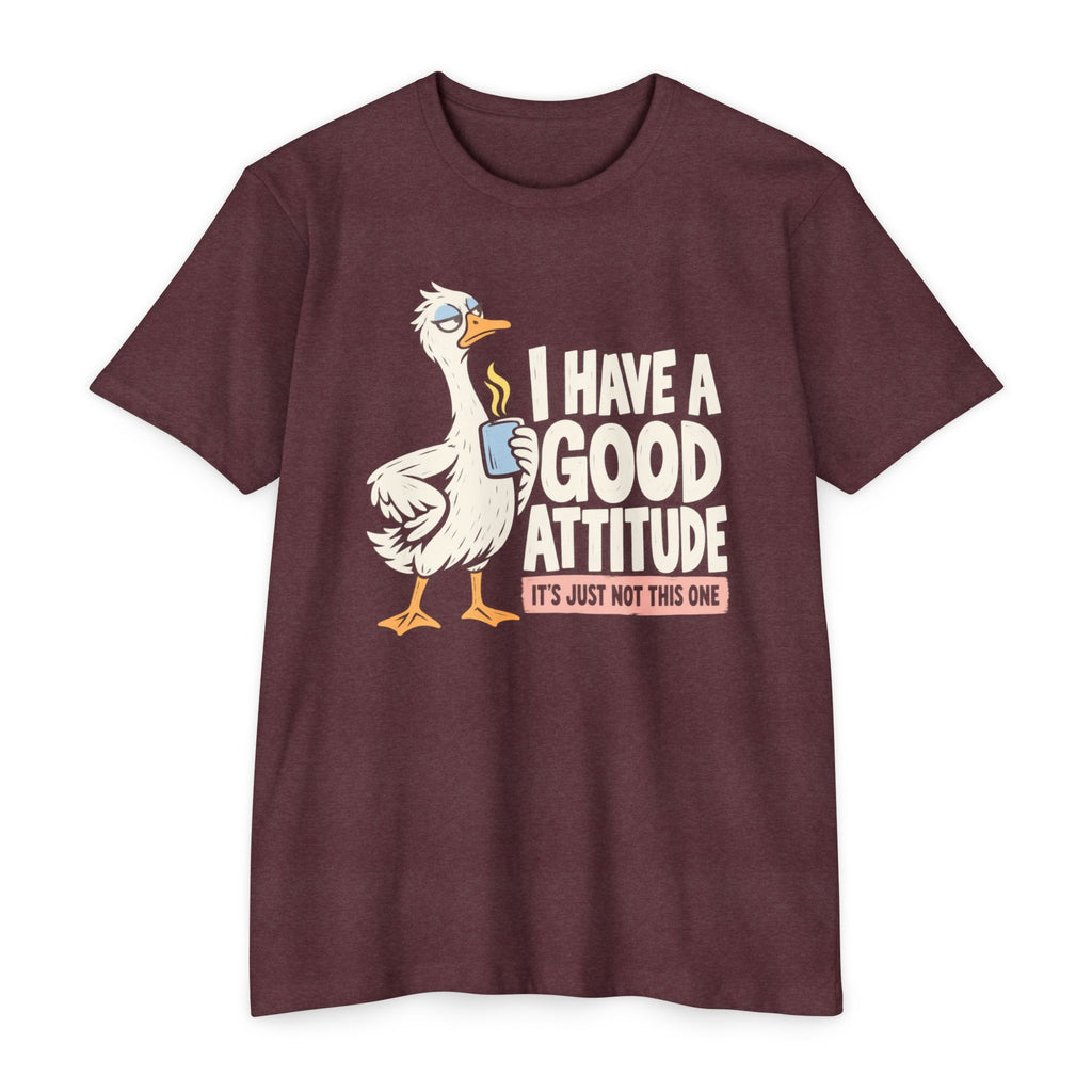 Burgundy T-shirt with rooster coffee graphic and 'I Have a Good Attitude' text