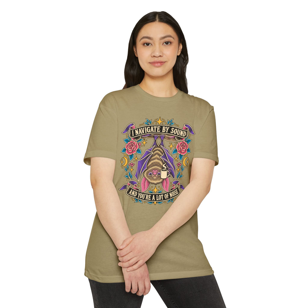 Olive green crewneck T-shirt with colorful gothic cat graphic on front