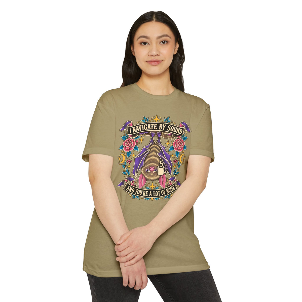 Olive green crewneck T-shirt with colorful gothic cat graphic on front