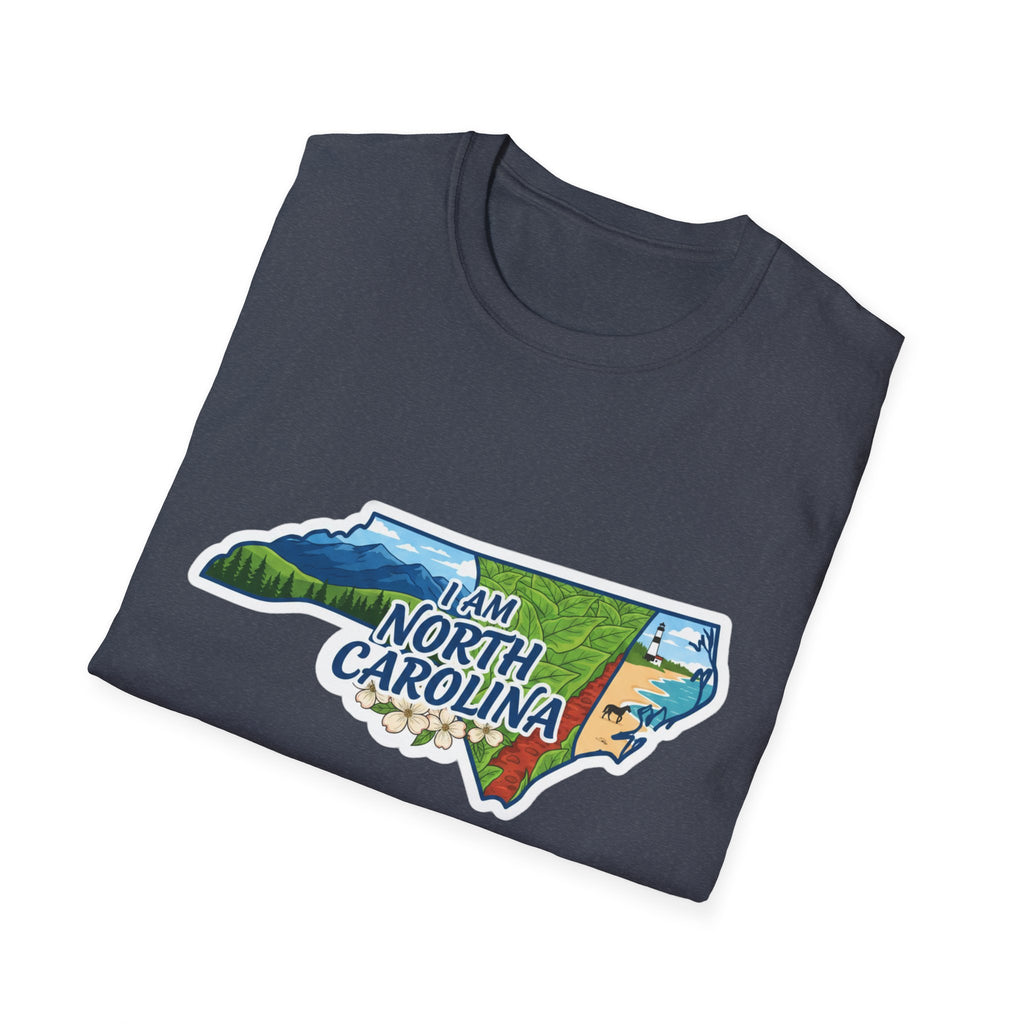 I Am North Carolina T-Shirt with state outline graphic, floral and nature elements