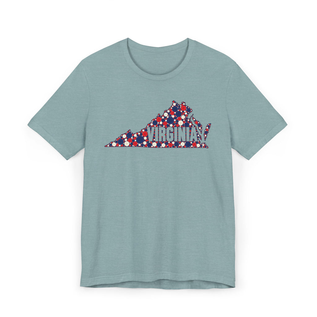 Light blue heather crewneck T-shirt with front Virginia map graphic in red, white, and blue