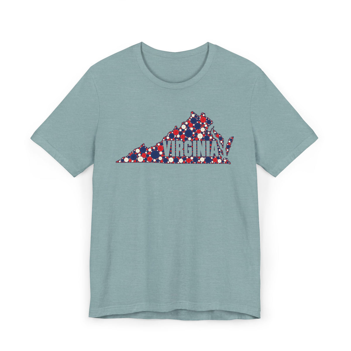 Light blue heather crewneck T-shirt with front Virginia map graphic in red, white, and blue